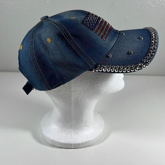 Women's American Flag Baseball Cap Rhinestone Denim Bling Patriotic Hat Blue Red - Picture 5 of 7